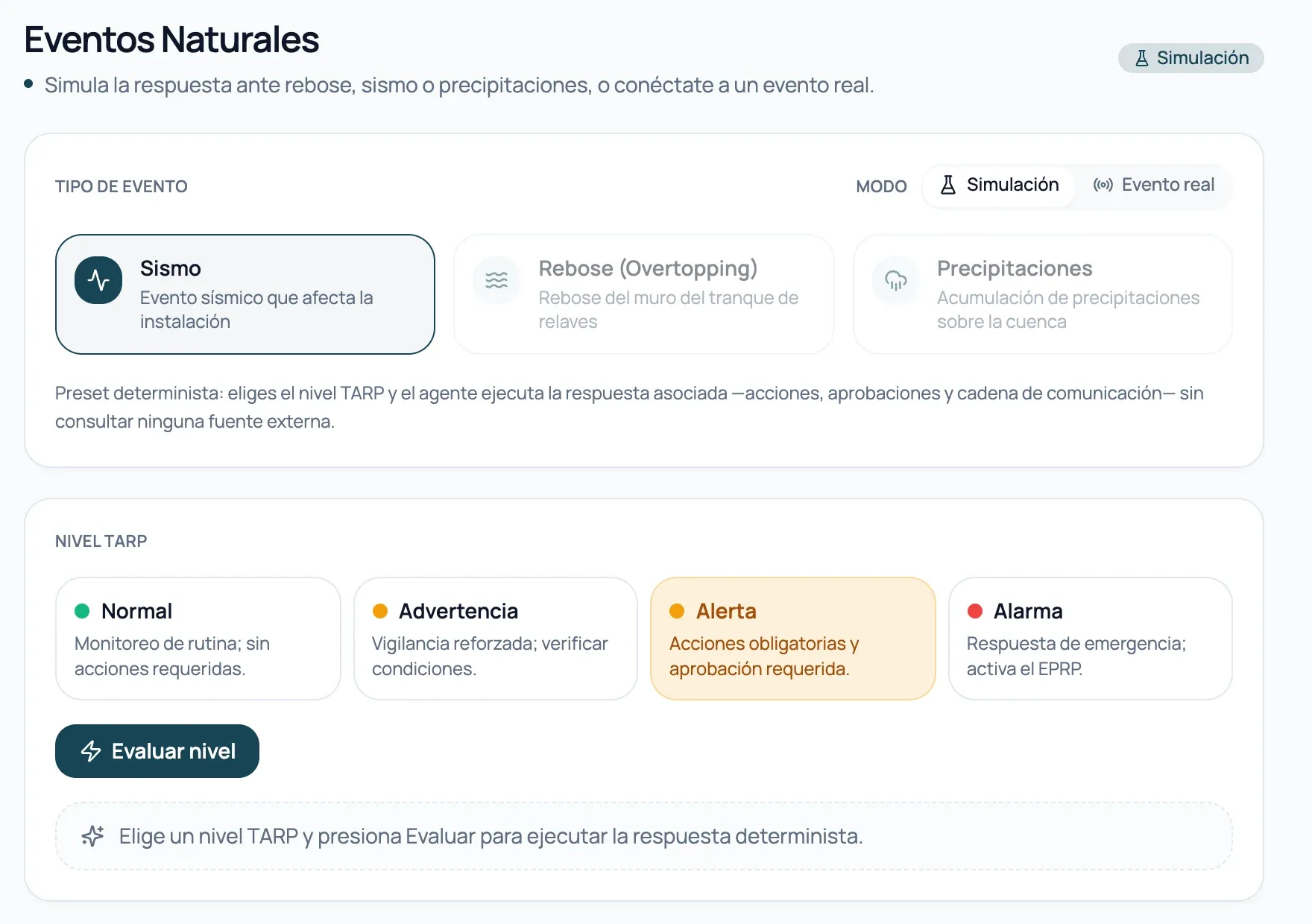 Consola de eventos naturales: selector de tipo de evento con sismo activo y lluvia y rebalse deshabilitados, mapa de sensores, historial sísmico y ficha de reporte del evento con el recorrido del TARP por sus cuatro niveles, en un ambiente de demostración.