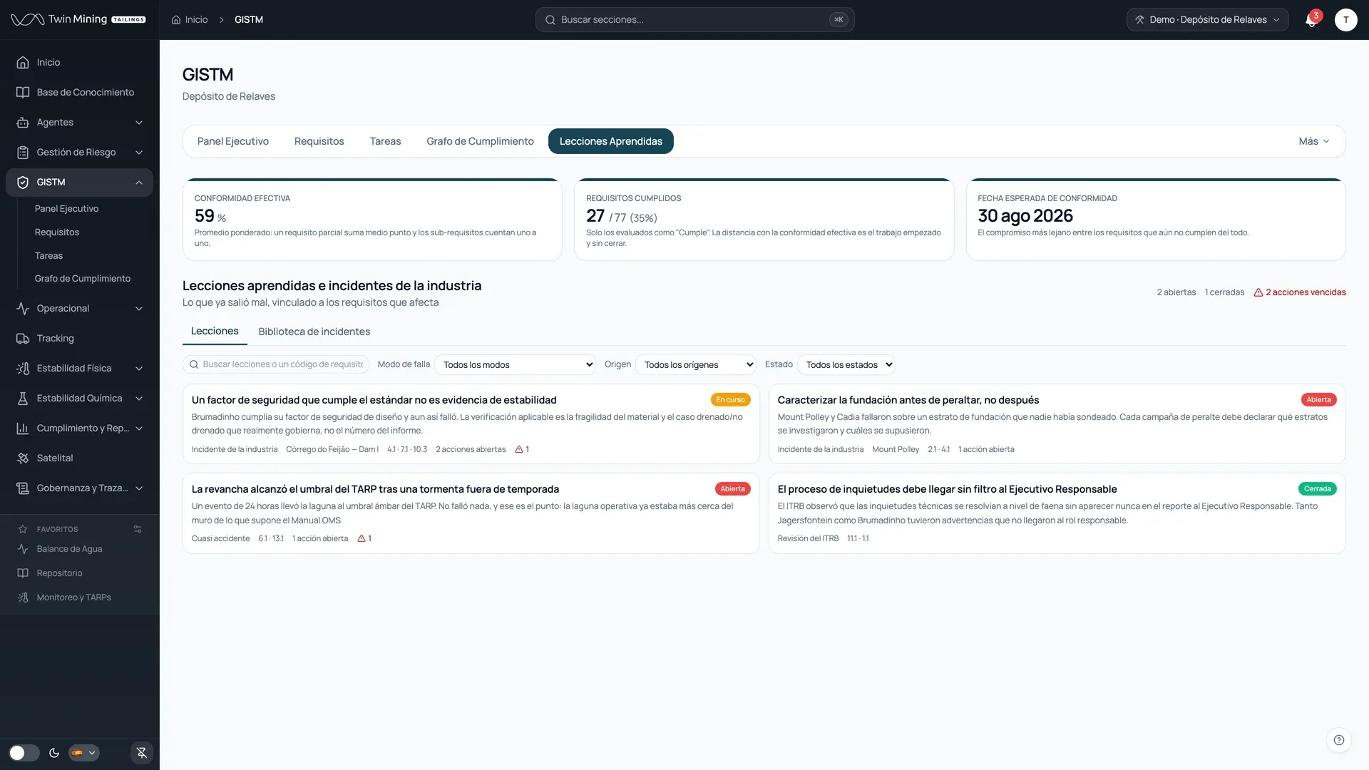Biblioteca de lecciones aprendidas: incidentes públicos de la industria agrupados por modo de falla, con el enlace a la fuente; al abrir uno, sus acciones preventivas y el botón que las convierte en tarea, en un ambiente de demostración.