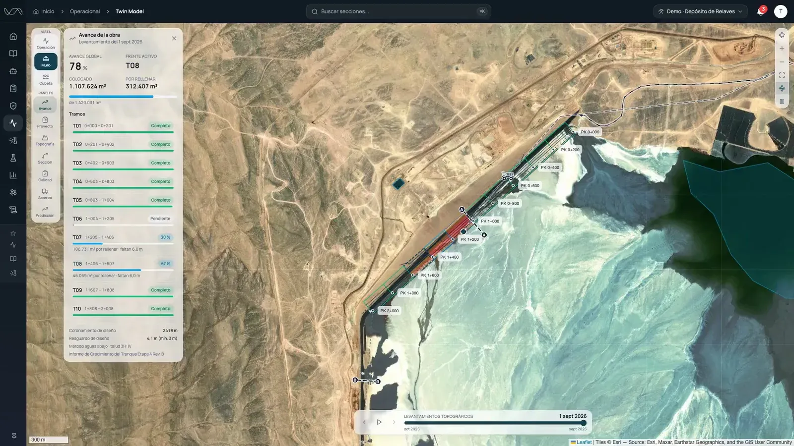 Twin Model en la plataforma: el mapa 2D del depósito sobre imagen satelital, con el muro por tramos, que pasa a la vista 3D; luego la sección de ingeniería por estratos cambia de progresiva mientras el muro sube levantamiento a levantamiento.