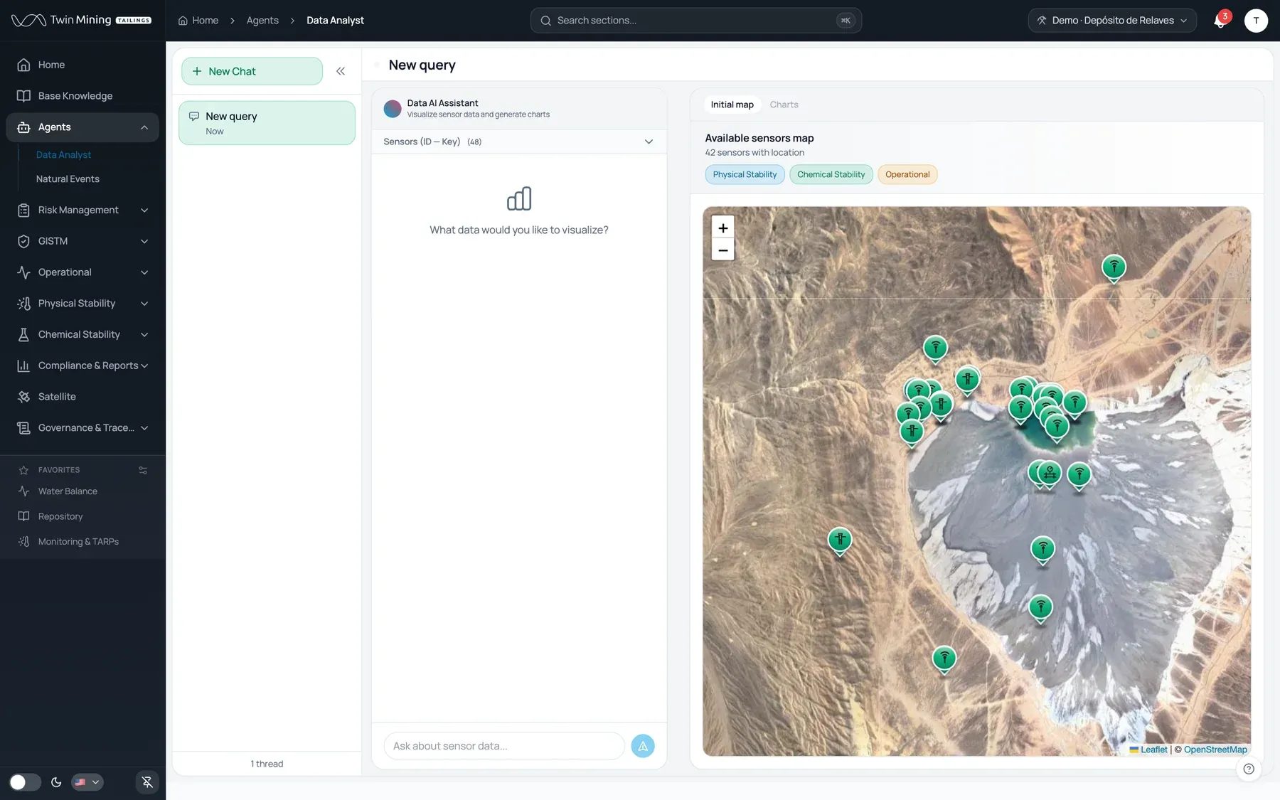 The data analyst: Ask about the sensors in plain language and it builds the chart with the source in view. Every run is logged with agent, model and version.