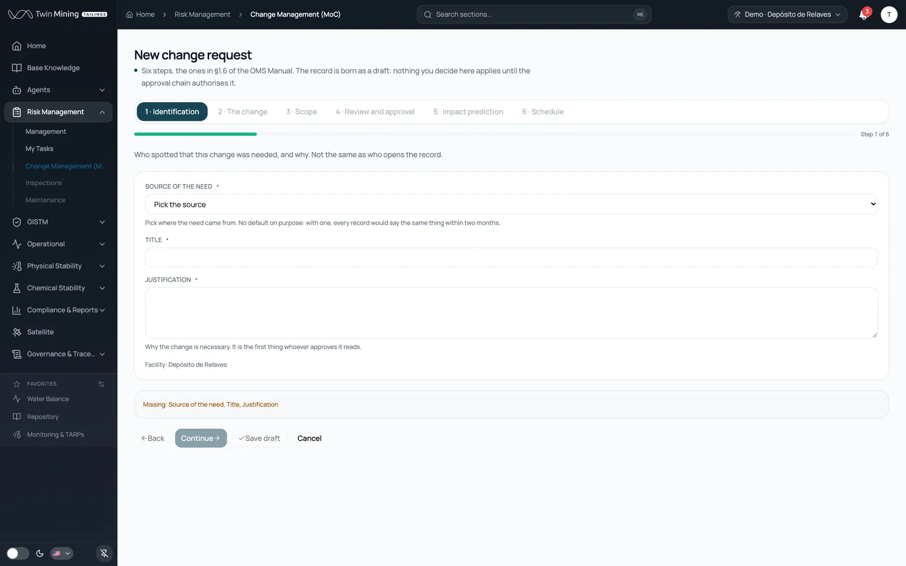 Six-step request: Identification, change, scope, review and approval, impact and schedule. It starts as a draft and nothing applies until the signature chain authorises it.