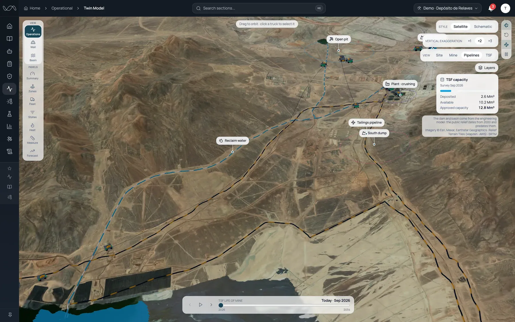 Mine-to-TSF operational view: See the status of the mine, tailings transport, discharge and TSF in one connected model. Verify how the system is operating today.