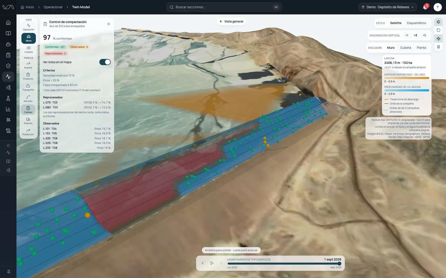 Seguimiento de la construcción del muro: Sigue cada etapa constructiva en 3D. Compara la geometría levantada con el diseño e inspecciona los cambios en la sección transversal.