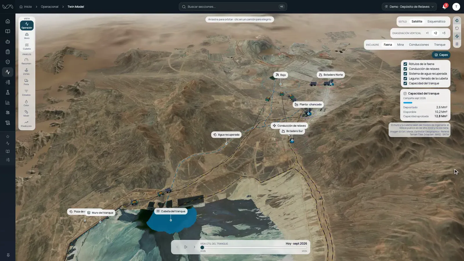 Twin Model en Twin Mining TMS: la faena en 3D sobre imagen satelital con el rajo, la planta, los botaderos, la conducción de relaves, el sistema de agua recuperada, el muro y la cubeta del tranque; el panel de capas, la capacidad del tranque y la línea de vida útil 2026–2034